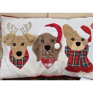 Christmas Dogs Throw Pillow, Santa Hats, Plaid Scarves, 12x18", NWT